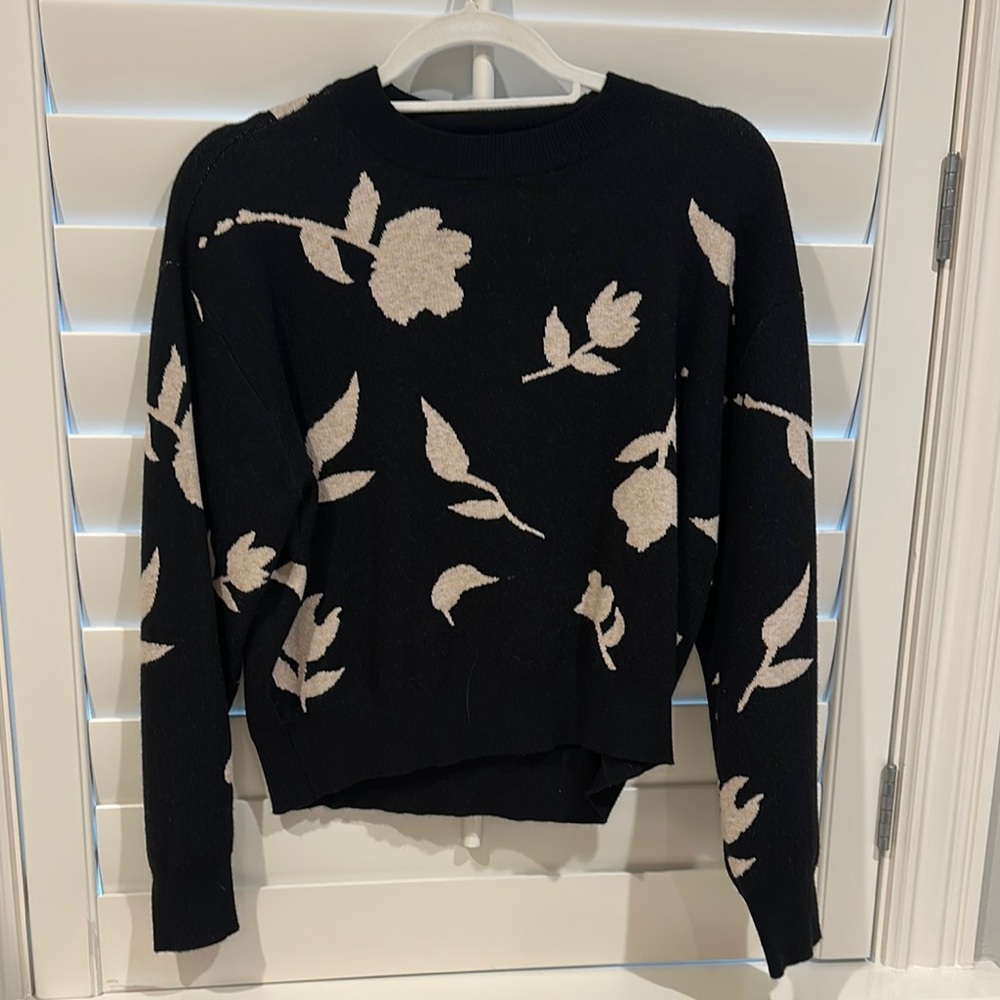 Knot Sisters Black and Cream Crew Neck Sweater with Floral Design